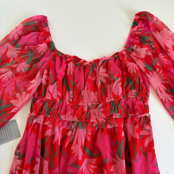 Maisie Red and Pink Floral Print Mesh Midi Dress Women’s Size Medium NWT - Picture 10 of 11